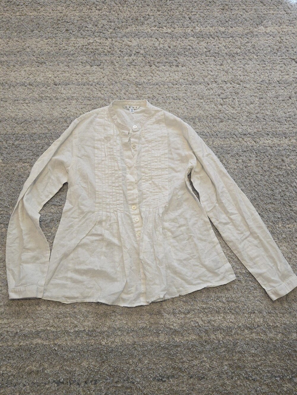 Cabi Pintuck Pleated Cotton Blouse XS Off White Mandarin Collar Long Sleeve